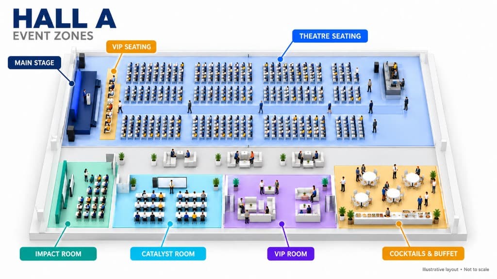 Illustrated layout of Hall A, with the main stage and VIP seating on the left, theatre seating across the hall, and Impact Room, Catalyst Room, VIP Room, and cocktails and buffet along the front.