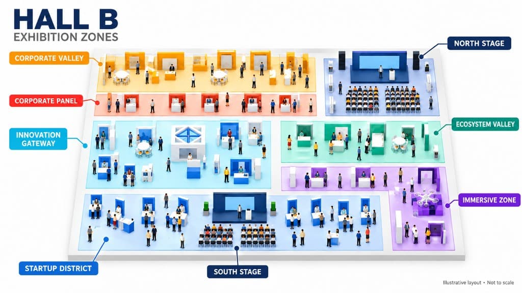 Illustrated layout of Hall B, with Corporate Valley and Corporate Panel across the top, Innovation Gateway in the centre, Startup District and South Stage along the bottom, and North Stage, Ecosystem Valley, and the Immersive Zone on the right.